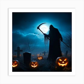 Reaper Silhouette Scythe Raised Against A Backdrop Of A Full Moon On Halloween Night With Wisps O (4) Art Print