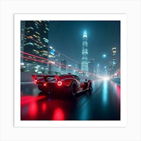 Sleek Red Formula Car Speeding Through A Futuristic Cityscape At Night 1 Art Print