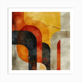 Abstract Artwork With Orange Yellow Red And Black Curved Shapes On A Textured Beige Background Art Print