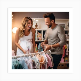 Happy Couple Shopping For Baby Clothes Art Print