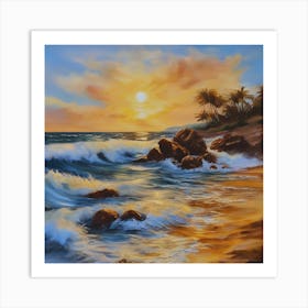 The sea. Beach waves. Beach sand and rocks. Sunset over the sea. Oil on canvas artwork.11 Art Print