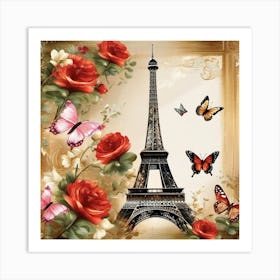 Paris With Roses And Butterflies 3 Art Print