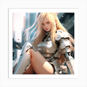 3d Dslr Photography A Woman With Long Blonde Hair Sitting On The Ground, Cyberpunk Art, By Krenz Cushart, Wears A Suit Of Power Armor, Closeup Character Portrait, Cute Detailed Digital Art, Artgerm And Lois V (1) Art Print