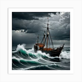 Ocean's Wrath: Trawler and Seagulls in Flight Art Print