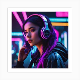 AI generated girl on headphones Art Print