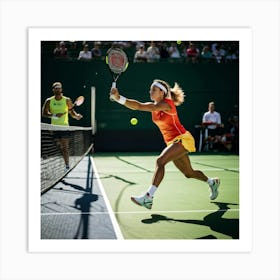 Tennis Match Captured In Mid Action Players Frozen Mid Swing With Rackets Poised To Strike Sunligh (3) Art Print