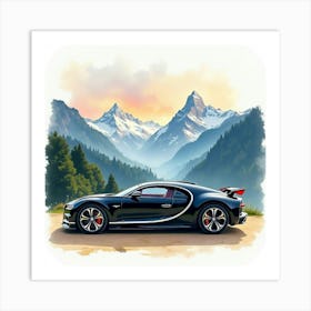 Bugatti La Voiture Noire With A Vivid Watercolor Mountain View, No Logo Or Signature 1 Art Print