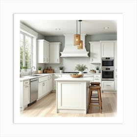 Elegant Watercolor Kitchen, Serene, And Stylish Setting 1 Art Print