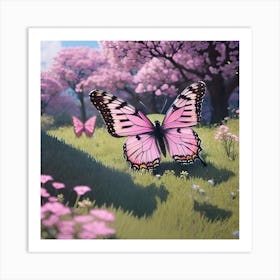 Pink Butterfly In Cherry Blossoms Art Print