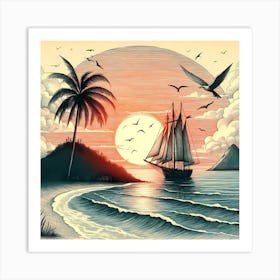 Sailing Ship At Sunset Art Print