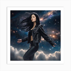 Create A Cinematic Scene Where A Mysterious Woman In A Black Leather Jacket Floats Gracefully Through The Cosmos, Surrounded By Swirling Clouds Of Stars And Galaxies 2 Art Print