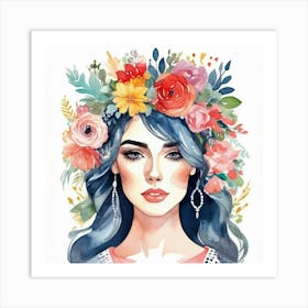 Watercolor Woman With Flower Crown Art Print