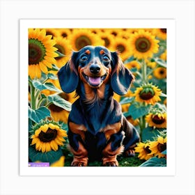 1711911286283 a Happy dash hound in a field of Giant yellow sunflowers Art Print