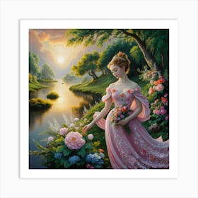 Sunset Harmony Graceful Woman In Pink Dress, Oil Painting (2) Art Print