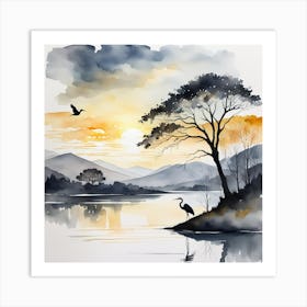 Heron scene in grey and gold 3 Art Print