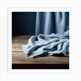 Blue Linen Curtains On Wooden Table Art Print