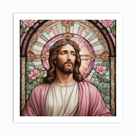 Jesus With Roses, A stained glass window with jesus holding a cross and flowers Art Print
