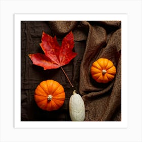 Autumnal Still Life Digital Painting Featuring Maple Leaf And Squash Placed Against Fabric Simulatin (4) Art Print