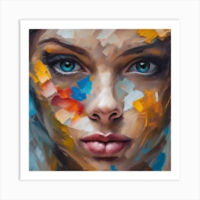 Oil portrait painting in multicolored tones. Abstract picture of a beautiful girl. Conceptual closeup of an oil painting and palette knife on canvas Art Print