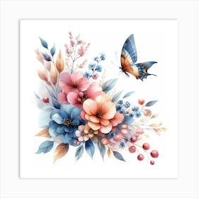 Flowers And Butterflies 1 Art Print