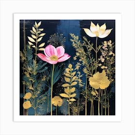 Flowers On Black, Gold Flowers Gold And Black, Flowers On Black pink flowers Art Print