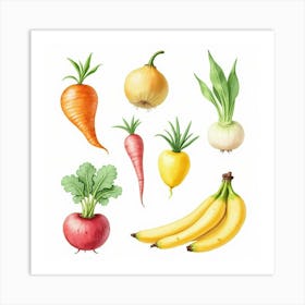 Delicate Watercolor Illustration Of Fresh Veggies And Fruits In A Charming Display 1 Art Print