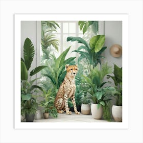 Indoor Tropical Plant Jungle With Cheetah Art Print 2 Art Print