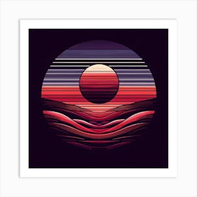 Title: "Retro Eclipse: A Synthwave Sunset"  Description: "Retro Eclipse" captures the essence of a synthwave-inspired sunset, where bold lines and vibrant colors converge to create a nostalgic tribute to the retro-futuristic aesthetic. The central sphere, bathed in gradients of pink and crimson, is reminiscent of a sun setting over a stylized digital ocean. This piece employs a striking contrast of dark and luminous stripes, suggesting the pulsing rhythm of an '80s electronic soundtrack. The artwork embodies a sense of calm yet dynamic energy, perfect for modern spaces that celebrate the fusion of past and future, nature and technology, through the medium of visual art. Art Print