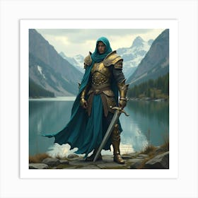 A Fierce Warrior In Enchanted Armor Standing By A Shimmering Lake 1 Art Print