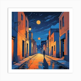 Night Scene Of A Street With A Person Walking Down The Street Art (4) Art Print