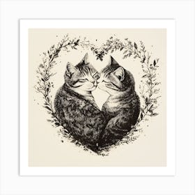 Delicate Ink Drawing of Cats Love Heart 3 Art Print