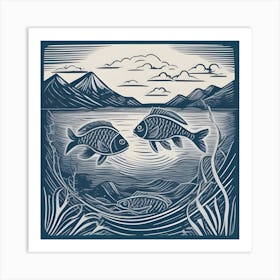 Two Fish In The Water Linocut Art Print