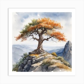 Watercolor Tree On A Rock Art Print