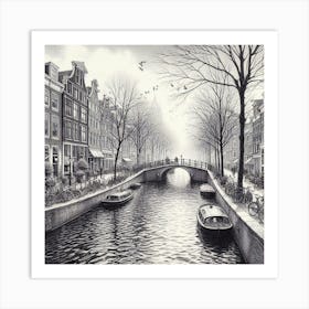 A Serene Amsterdam Canal Scene Captured In A Realistic Pen And Ink Drawing, Style Realism Art Print