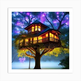 Treehouse with Lights Art Print