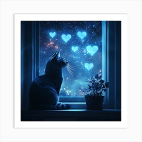 Dreamy Night Sky with Heart Stars Cat 11 Art Print