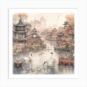 Swans In The Pond Art Print