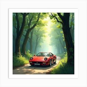 A Ferrari In A Watercolor Ancient Forest With Ethereal Light 1 Art Print