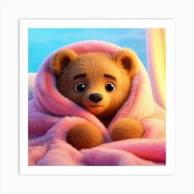 Digitally Rendered Cute Tiny Bear Settled Cosily Into A Blanket Draped Bed Wrapped In A Fluffy Sc Art Print