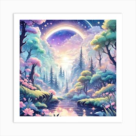 A Fantasy Forest With Twinkling Stars In Pastel Tone Square Composition 420 Art Print