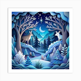 Paper Cut Out Winter Forest Scene With Deer Art Print