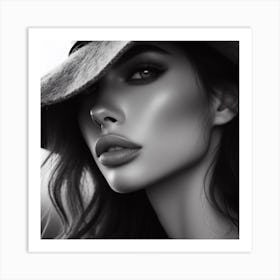 The Girl In The Hat 4/4 (beautiful female lady model black and white portrait close up face) Art Print