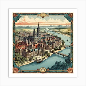 A Vintage Map, Of A Historic City With Ornate Borders And Labels art print 5 Art Print