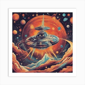 A Retro Style Cosmic Marvels Blasting Space, With Colorful Exhaust Flames And Stars In The Backgroun Art Print