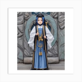 (3)The image depicts a young girl dressed in a traditional Chinese costume, wearing a blue and white robe with gold accents, a black hat, and a gold necklace. She is standing in front of a large, intricately carved stone doorway. Art Print