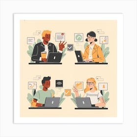 A series of high-quality and authentic images featuring diverse people engaged in remote work or online meetings, highlighting the modern flexibility of work environments. These images are frequently sought after for illustrating the concept of remote work, virtual collaboration, and technology in professional settings. Art Print