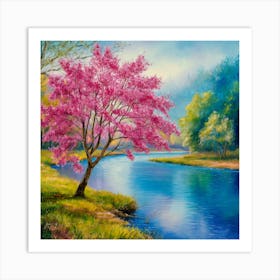 Pink Tree By The River Art Print