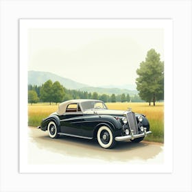 Elegant Car In Front Of A Peaceful Countryside, Watercolor Painting 1 Art Print