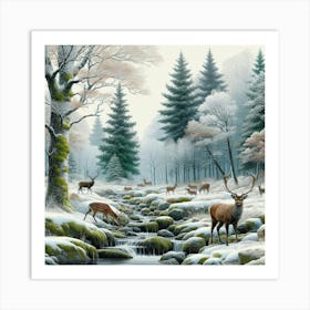 Deer Among The Snow Trees, Acrylic Painting Style Art Print