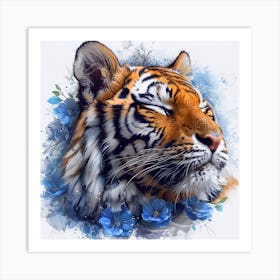 Lena1987 Cute Newborn Tiger In Flowers Blue White Grey Colour 8e4ae0b0 2dc7 403b Be71 03a6f0ad9836 1 Art Print